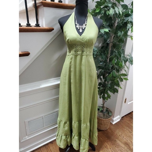 Foschini Women's Green 100% Ramie Sleeve Less V-Neck Long Maxi Dress Size 8 - Picture 1 of 11